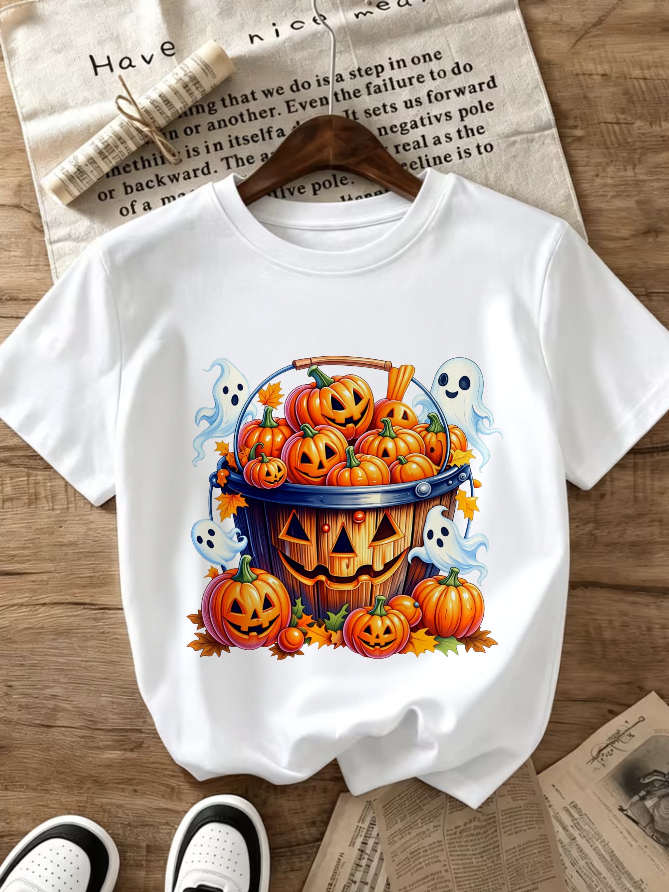 Halloween Pumpkin Basket Ghost Print Cotton Tee Spring Fall Crew Neck Top