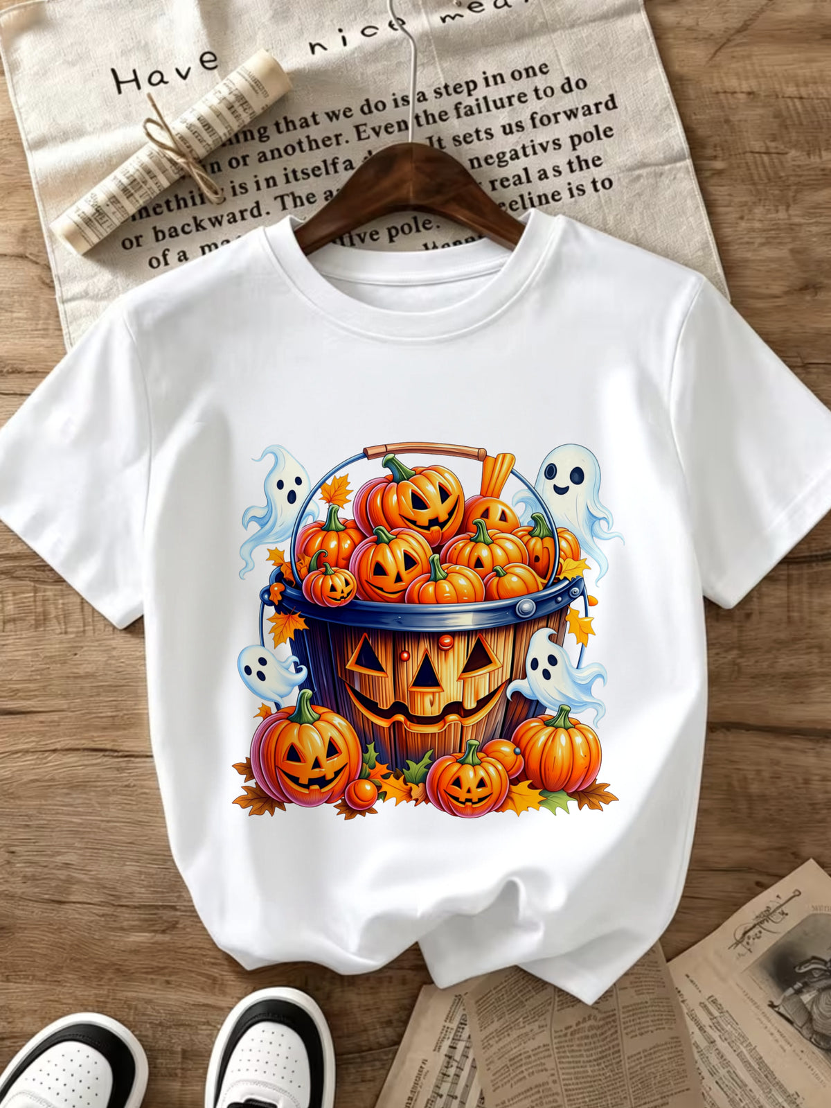 Halloween Pumpkin Basket Ghost Print Cotton Tee Spring Fall Crew Neck Top
