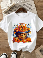 Halloween Pumpkin Basket Ghost Print Cotton Tee Spring Fall Crew Neck Top