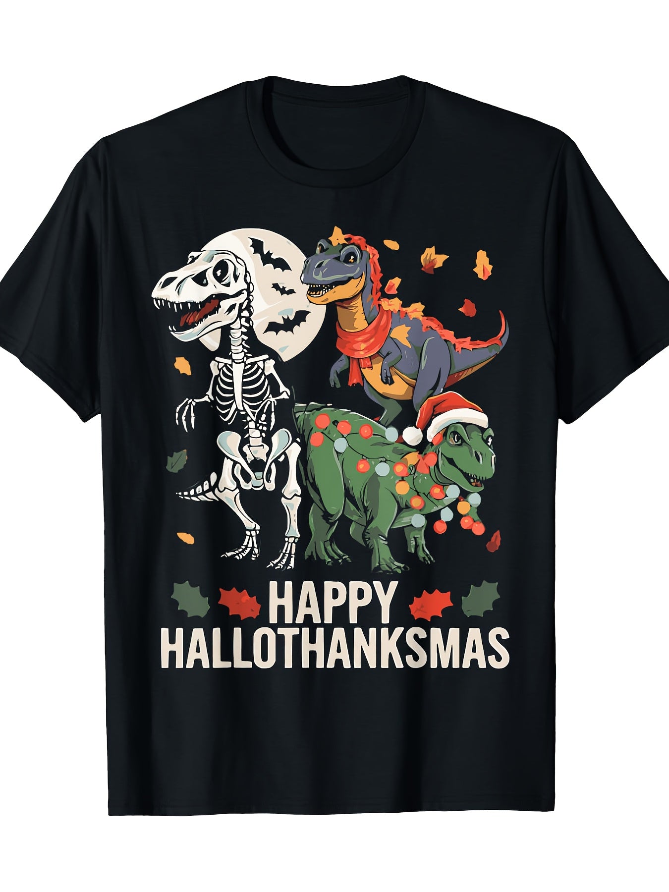 Happy Hallothanksmas Dinosaur Skeleton Holiday Graphic Tee for Men Women, Funny Halloween Thanksgiving Christmas Short Sleeve T-Shirt, Casual Crew Neck Top for Holiday Gift