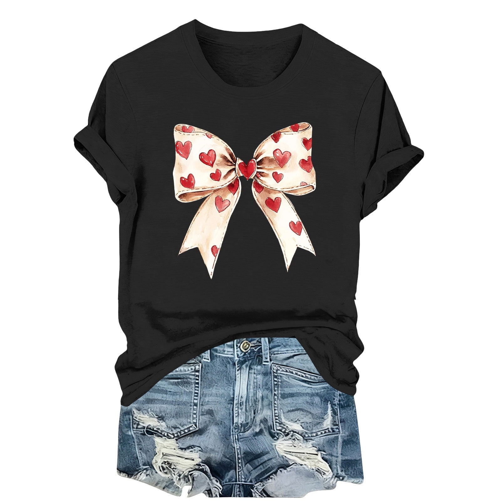 Womens Valentines Tshirts Cute Bow Valentine Day Graphic Tees Pullover Summer Short Sleeve Casual Tee Tops, L Black
