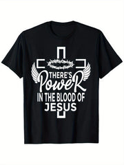 Men'S Christian Graphic T Shirt There'S Power in the Blood of Jesus Cross & Wings Design, Casual Tee Top For Daily Activities Crew Neck