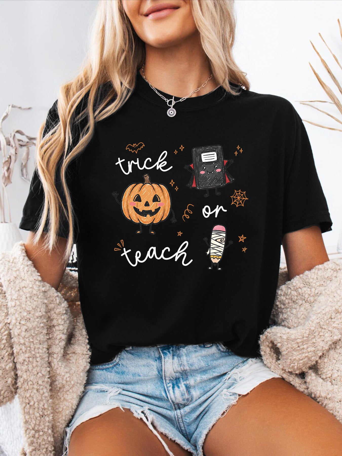 Halloween Teacher Print Spring Summer Casual T-Shirt