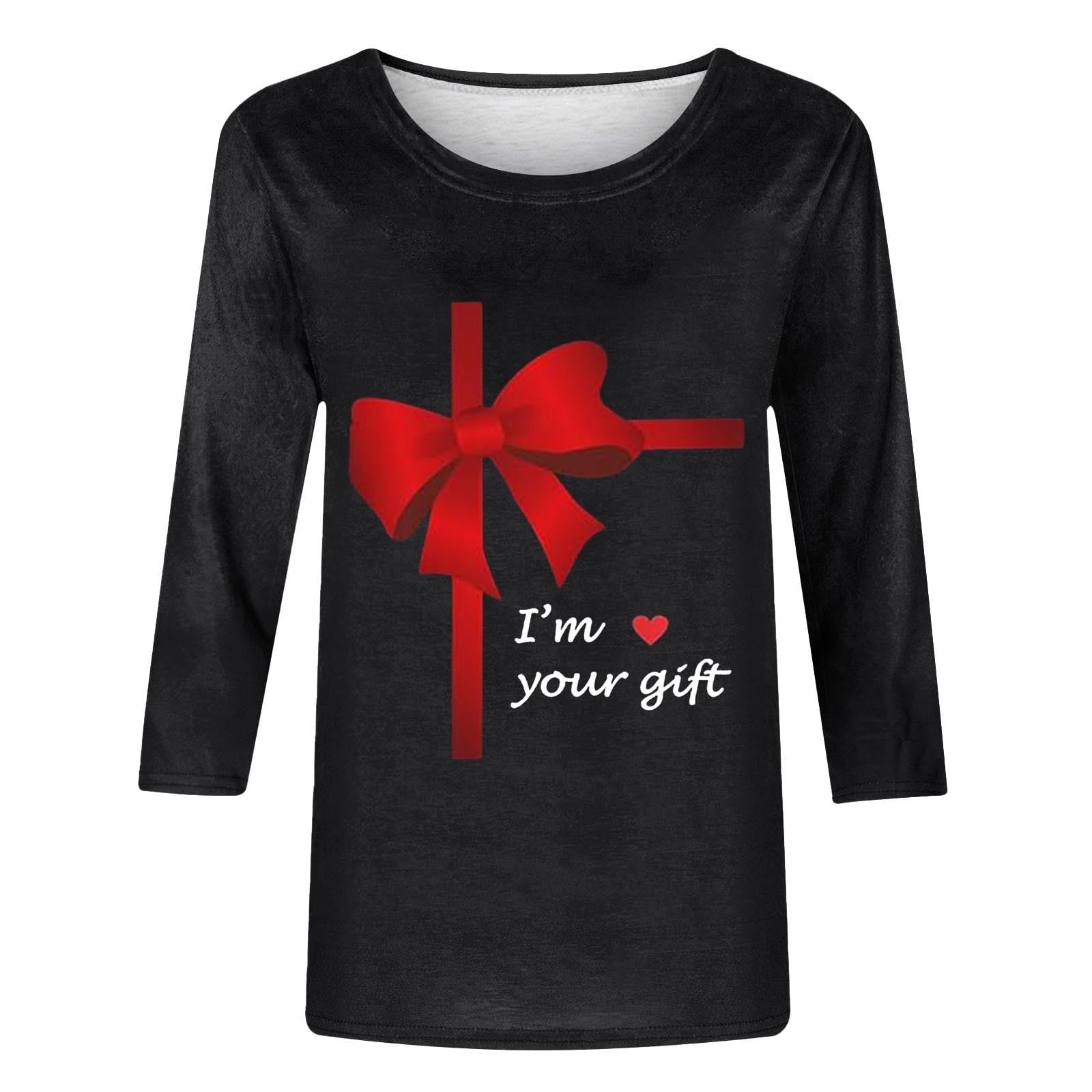 Guluxicc Shirts for Women Casual Crewneck 3/4 Length Sleeve Tees Valentine's Day Graphic Print Tops, Black, 5XL