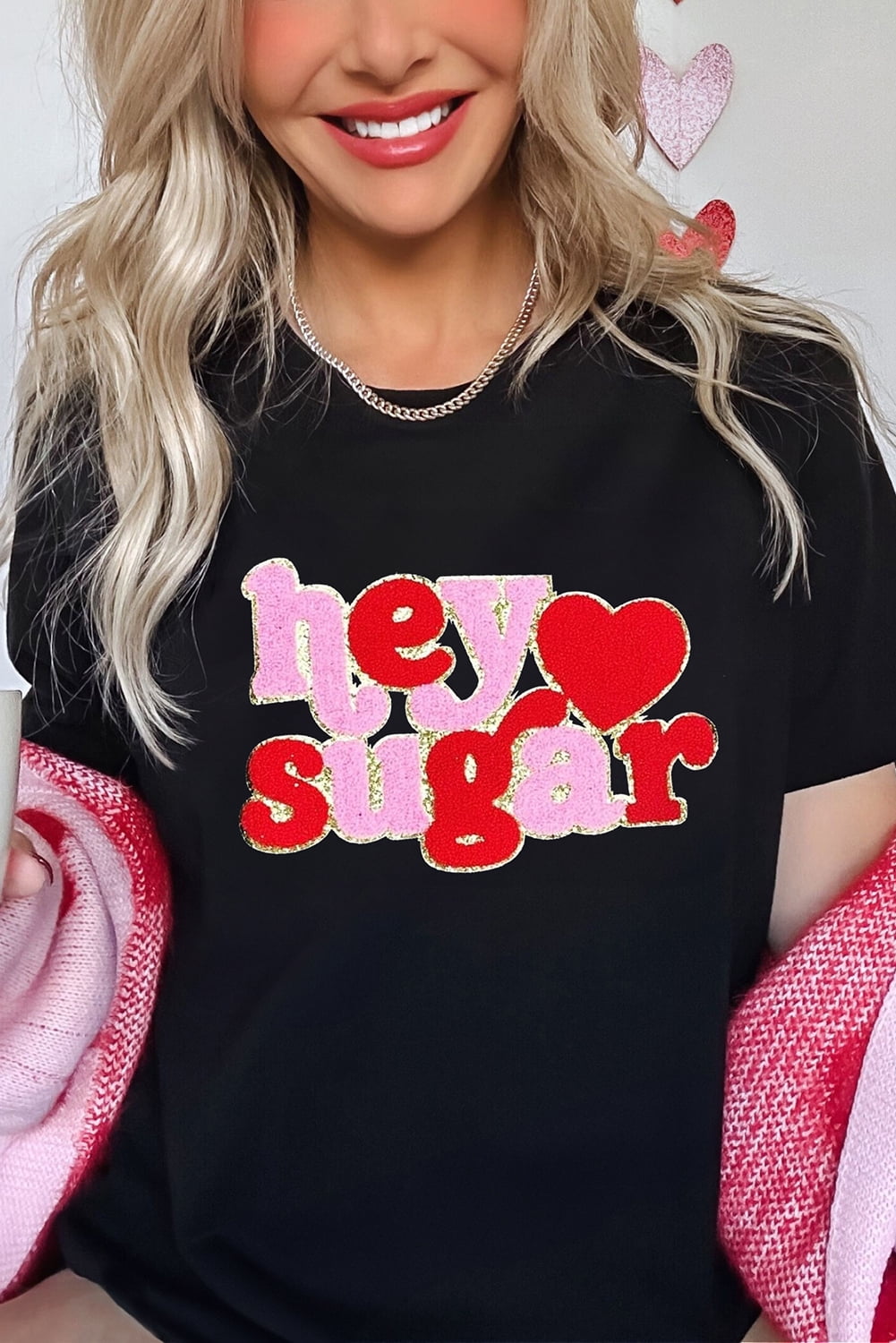Cute Valentine's Day Graphic T-Shirt with Relaxed Fit and Adorable 'Hey Sugar' Design - [ZhiHiMeRi] | (US 12-14)L