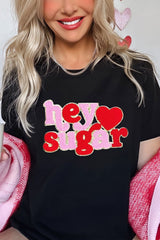 Cute Valentine's Day Graphic T-Shirt with Relaxed Fit and Adorable 'Hey Sugar' Design - [ZhiHiMeRi] | (US 12-14)L
