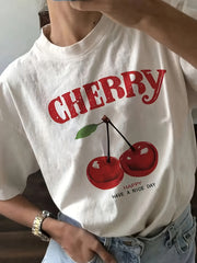 Cherry Print Short Sleeve Tee Spring Summer Crew Neck Casual Versatile Top