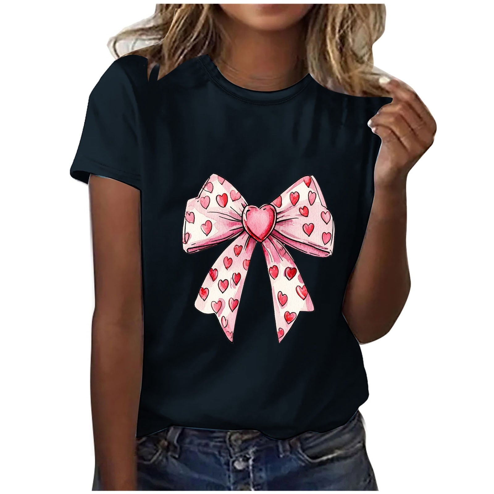 EchfiProm T shirts for Women Graphic Tee Valentine Day Valentine Summer Cute Lovers Shirts Bow Print