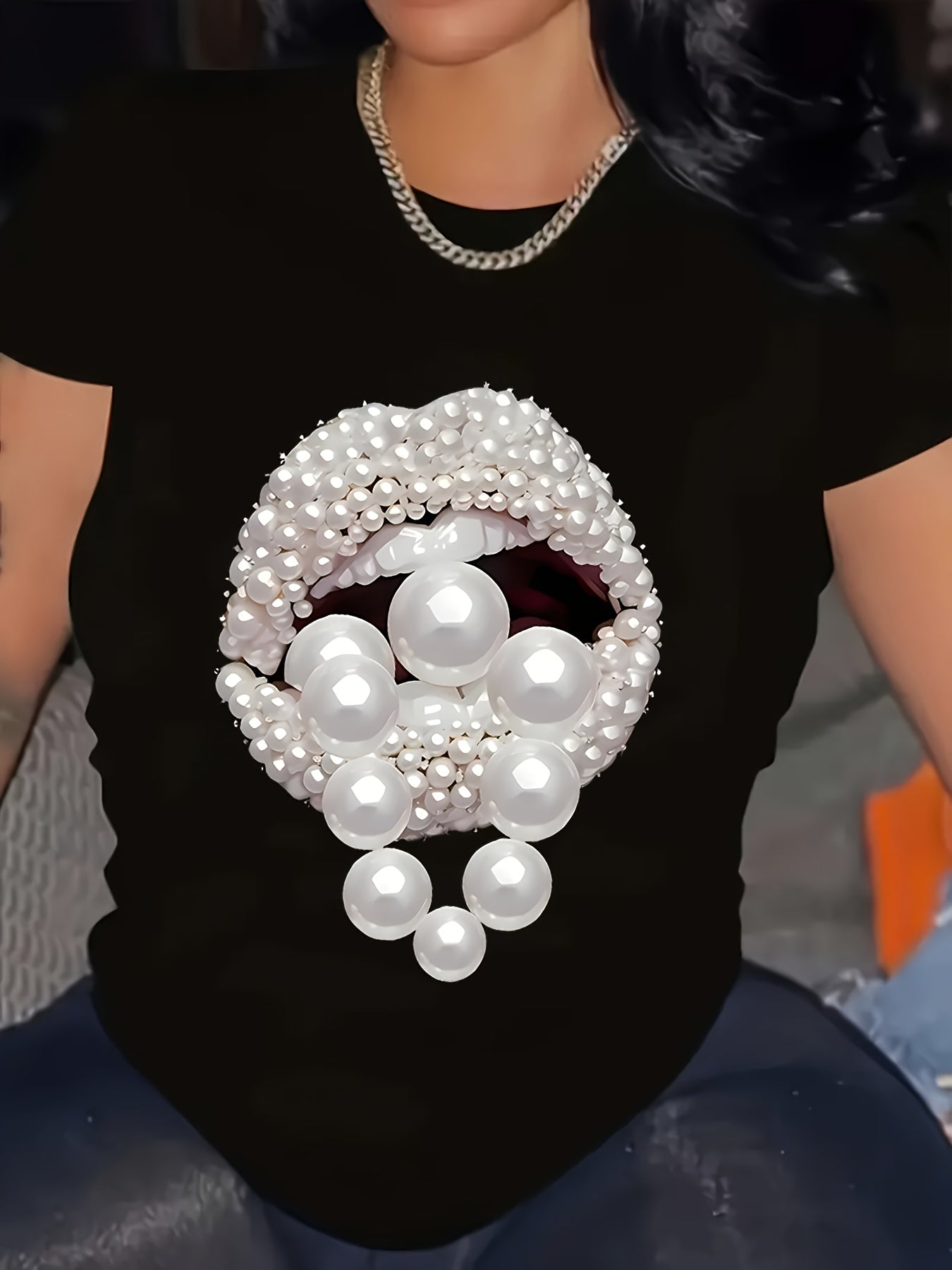 Women Fashion Pearl Lips Print T‑Shirt, Graphic Short Sleeve Crewneck Casual All‑Season Top Women Clothing