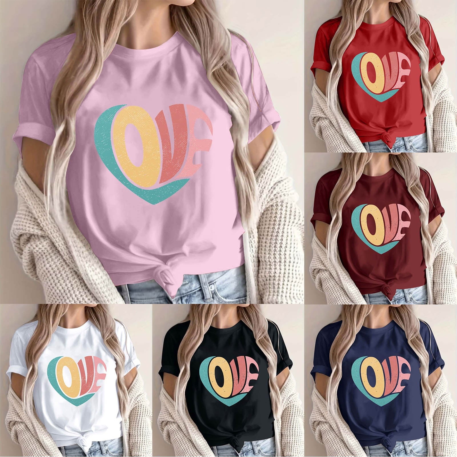 WREESH Cute Graphic Tees for Women Valentine's Day Love Heart Print Short Sleeve T-Shirts for Casual Wear Black