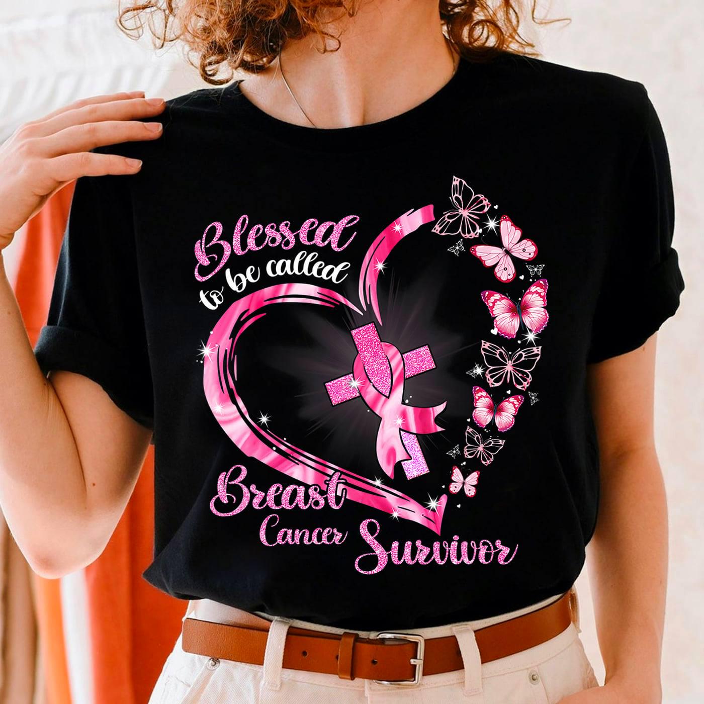 Women’s Breast Cancer Survivor Graphic T‑Shirt, Pink Butterfly Blessed Warrior Short‑Sleeve Tee,Women Clothing