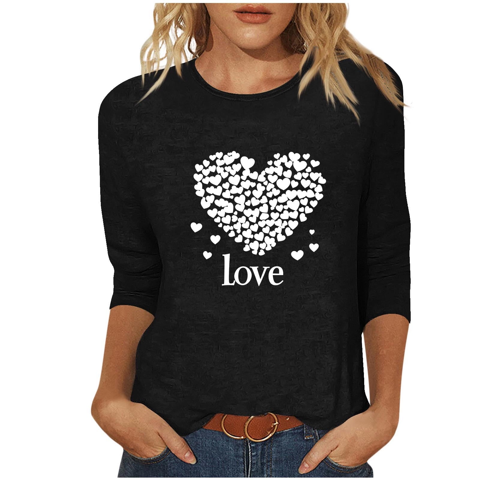 mihongmao Tee Shirts for Women Graphic Crewneck Women's Valentine's Day Printed 3/4 Sleeve Fashionable Round Neck Black S