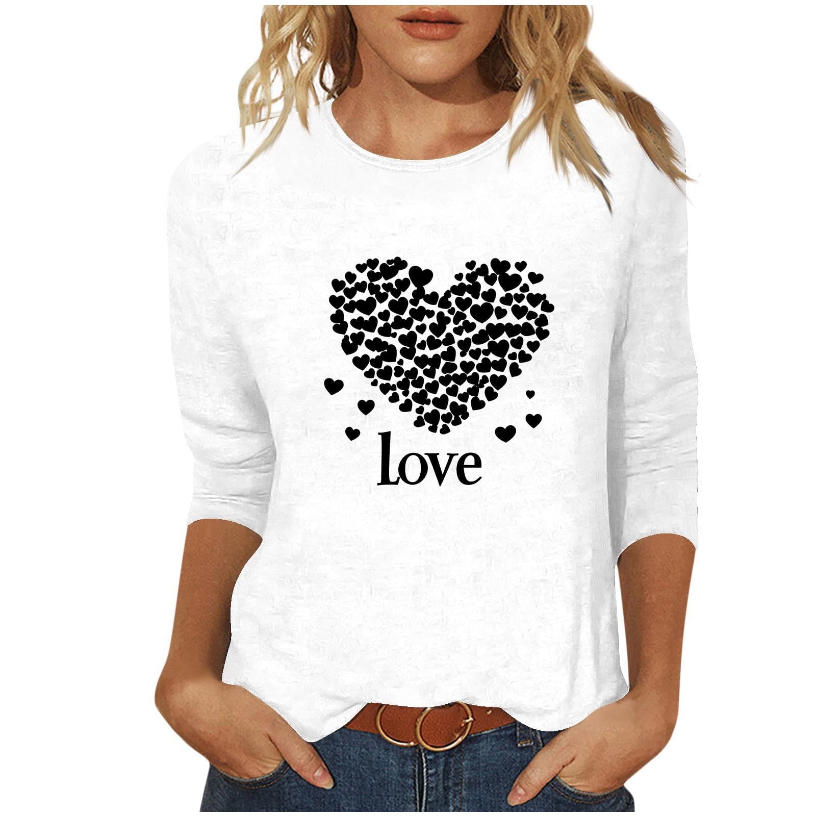 mihongmao Tee Shirts for Women Graphic Crewneck Women's Valentine's Day Printed 3/4 Sleeve Fashionable Round Neck Black S