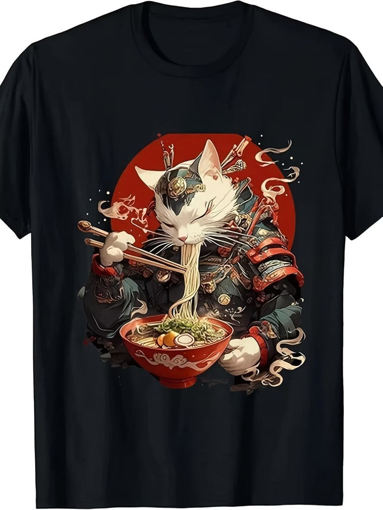 Japanese Ukiyo‑e Samurai Cat Graphic T‑Shirt, Retro Anime Ninja Cat Eating Ramen Bowl Unisex Short‑Sleeve Casual Tee