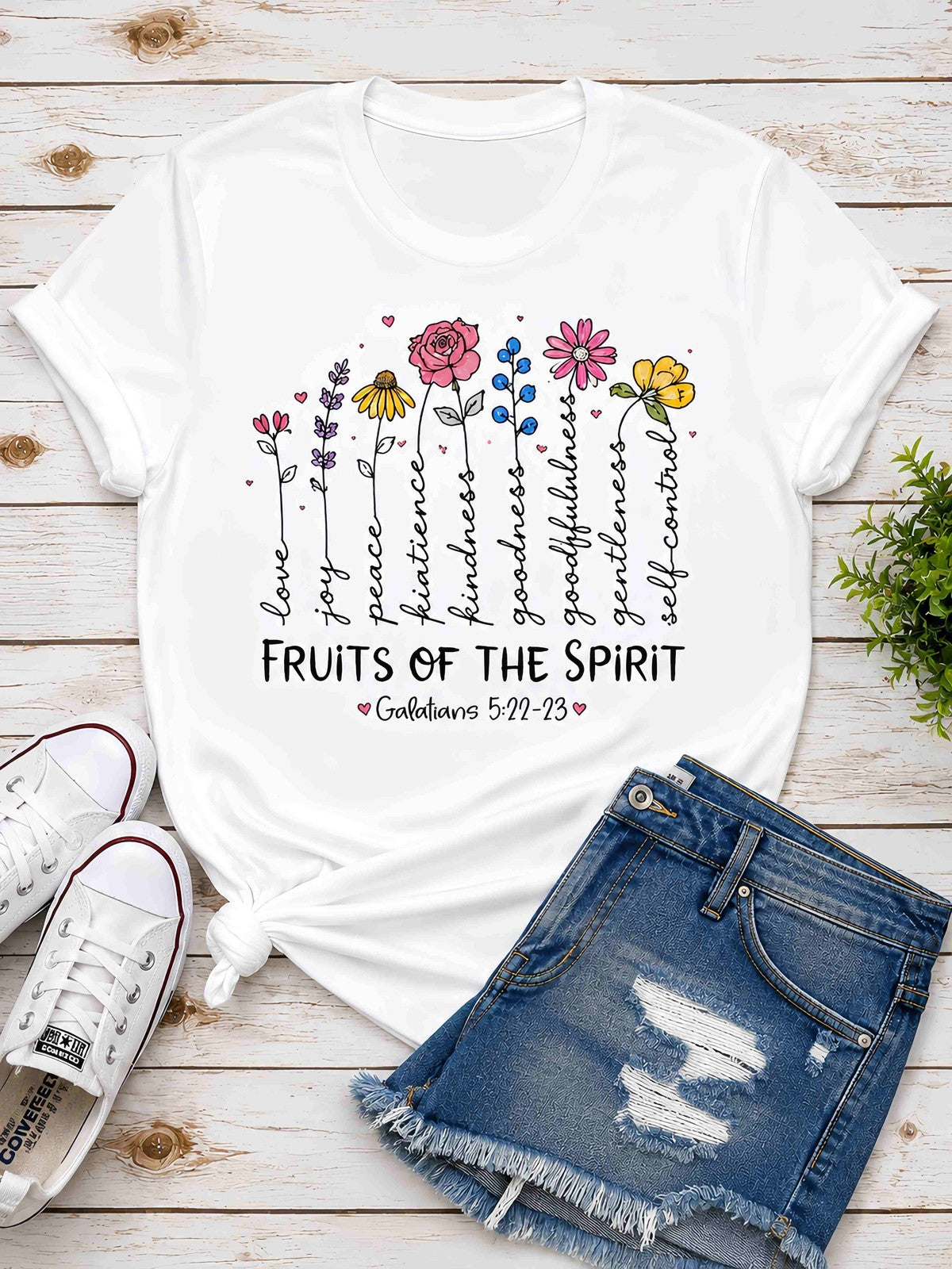 Women’s Christian Floral Graphic T‑Shirt, Fruits of the Spirit Faith Inspirational Casual Cotton Tee，Women Clothing